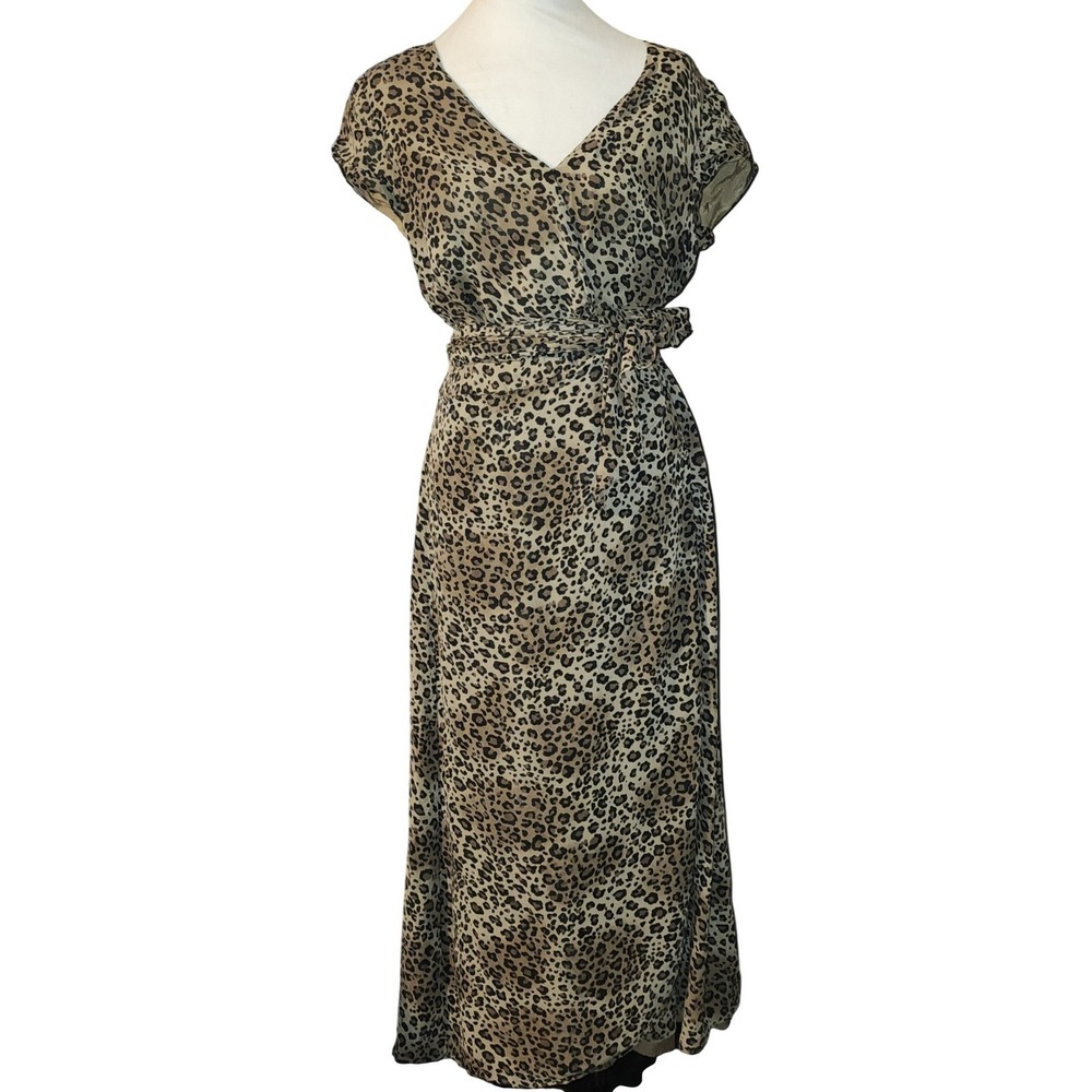 VTG Coldwater Creek Leopard Print 100% Silk Wrap Maxi Dress Brown Tan Womens 12